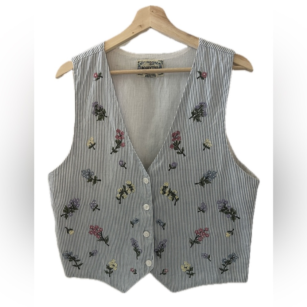 Pinstripe floral embroidered button-up vest. Size: Medium